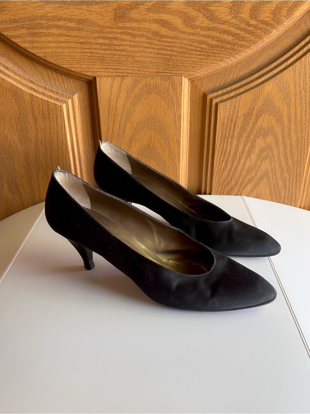 Vintage Yves Saint Laurent Casia Satin Kitten Heel Pumps Black Leather EU 9.5N